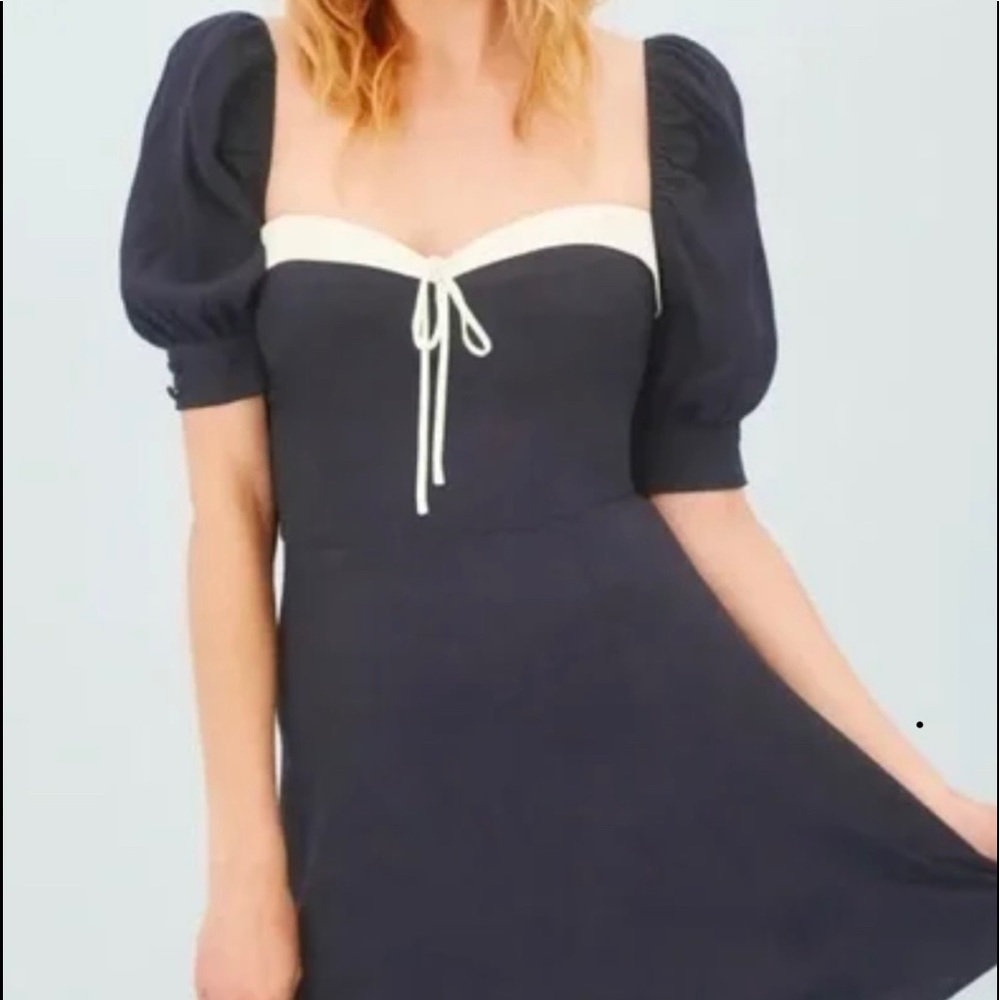 Reformation Navy and Cream Puff Sleeve Dress